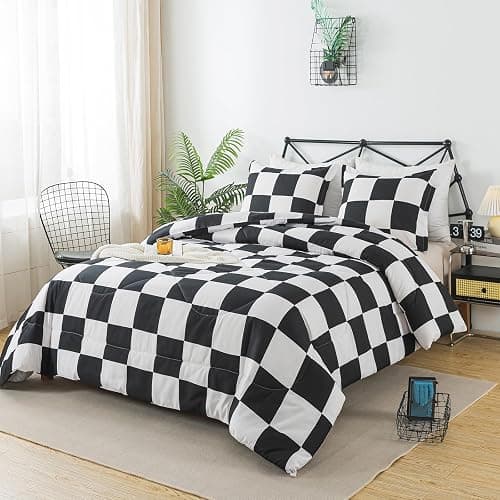 Caressma Black White Plaid Comforter Set Full Size, Buffalo Check Plaid Comforter Bedding Set for All Seasons, Farmhouse Soft Microfiber Comforter with Pillowshams thumbnail 2