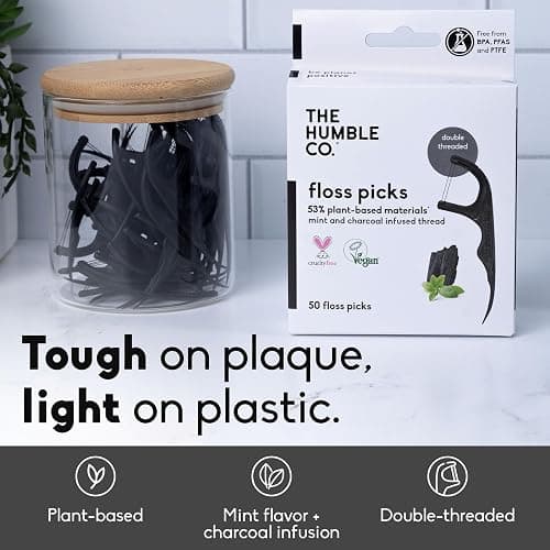 The Humble Co. Floss Picks (200 Count) – Plant Based Dental Floss Picks for Superior Oral Care, Dental Hygiene, and Gum Health, Cruelty Free Tooth Floss Picks (Charcoal, Double Thread) thumbnail 2