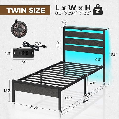 Rolanstar Bed Frame Twin Size with USB Charging Station, LED Bed Frame with Wood Storage Headboard, Black Metal Platform Bed with Under Bed Storage, No Box Spring Needed, Noise Free thumbnail 2