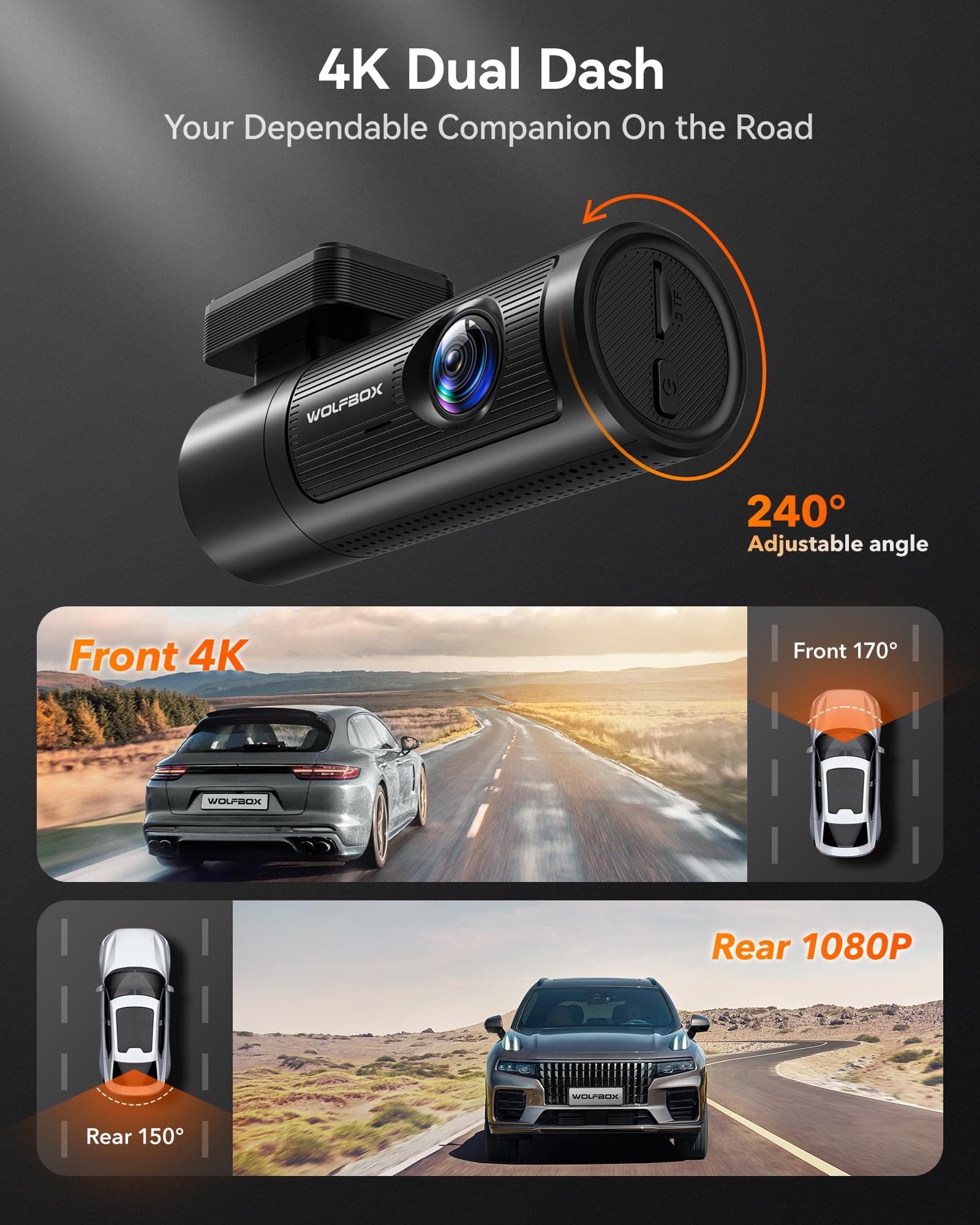 WOLFBOX Cámara Dash Cam 4K Frontal y Traseira para Carro, WiFi UHD 2160P/1080P, Incluye Tarjeta de 32 GB, GPS, WDR, Visión Nocturna, Modo Aparcamiento 24 h, Sensor G, Grabación en Bucle (hasta 256 GB) thumbnail 2