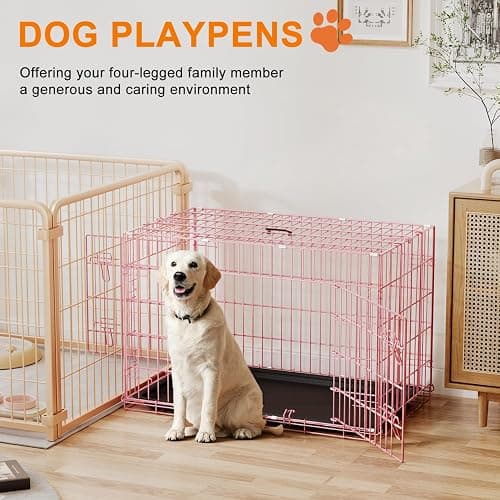 FDW Dog Crate 36inch Dog Cage Foldable Metal Kennel with Leakproof Tray Foldable Design Indoor Outdoor Use for Medium Dogs,Pink thumbnail 2