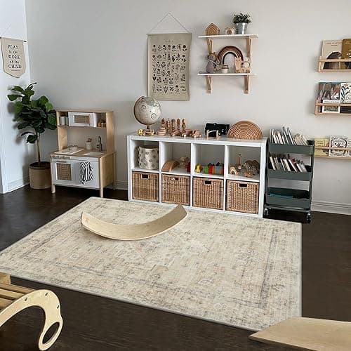 LIVEBOX Bedroom 4x6 Washable Area Rug for Entryway Kitchen, Non-Slip Soft Boho Rugs for Dining Room Office, Farmhouse Low-Pile Neutral Soft Carpet for Nursery Room Playroom, Tan thumbnail 6