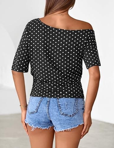 MEROKEETY Women's Off The Shoulder Short Sleeve Tops 2026 Summer Casual Going Out Trendy Y2k T Shirts thumbnail 4