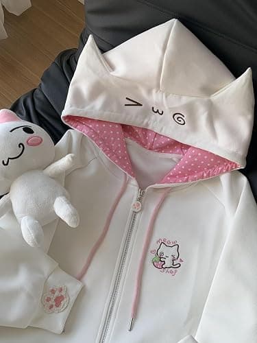 GOTHPICKUS Y2K Kawaii Embroidery Spot Hoodies Zip Up Drawstring Cute Cat Ear Ribbed Jacket Oversize Casual Streetwear thumbnail 6