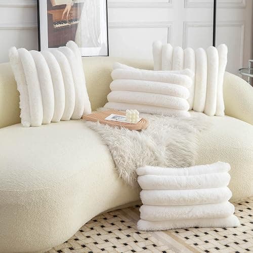 Neelvin Cream White Faux Fur Cozy Soft Striped Decorative Throw Pillow Covers 18x18 inch Set of 2,Velvet Pillowcase Cushion Case for Sofa Couch thumbnail 4