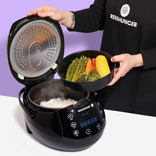REISHUNGER Digitaler Reiskocher & Dampfgarer Schwarz | 1,5 L bis 8 Personen | Warmhaltefunktion, Timer & Premium Innentopf | Multikocher, 12 Programme, 7-Phasen-Technologie thumbnail 2