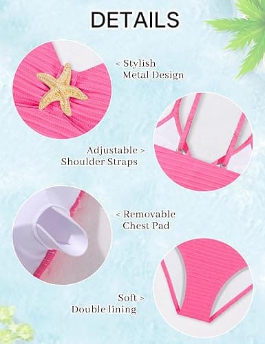 Luckrizyy Girls Swimsuit 2 Piece Bikini Sets V Neck High Waisted Textured Ruched Solid Chest Padded Beach Bathing Suits 7-16Y thumbnail 7