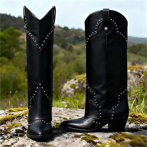Erocalli Shark Fold Over Cowboy Cowgirl Boots Studded - Knee High, Tall, Western, Slouch, Pointed Toe, Pull on, Fashion Boot, Dress thumbnail 3