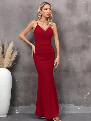Missufe Robe de soirée pour femme - Robe de soirée - Robe portefeuille - Bretelles spaghetti - Sans manches - Fente - Robe de cocktail - Maxi longue - Robe de bal de mariage thumbnail 4