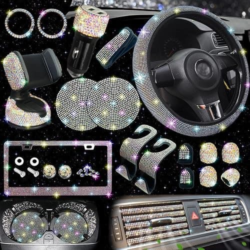 NBTEPEM 27 PCs Multicolor Bling Car Accessories Set for Women, Steering Wheel Covers Universal Fit 15 Inch, Bling License Plate Frame, Bling Phone Holder, Bling Car Coasters - Image 1