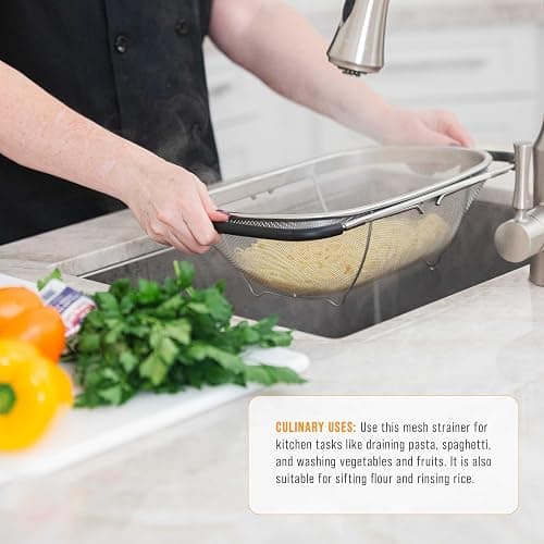 U.S. Kitchen Supply Stainless Steel Colander Strainer - 6-Quart Collapsible Colander with Expandable Rubber Handles - Rectangular Sieve, Fine Mesh Stainless Steel Strainers and Colanders for Kitchen thumbnail 2