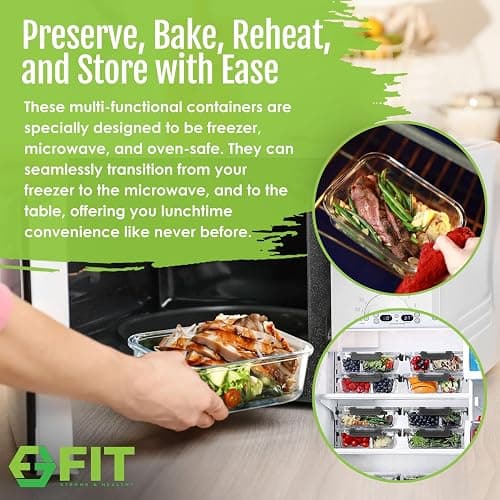 FIT Strong & Healthy Glass Meal Prep Containers, 2 & 3 Compartments – 32 oz Glass Containers with Lids, Food Storage with Black Lids, Oven & Freezer Safe, Leak-Proof Bento Box Adult, 4 Pack thumbnail 5
