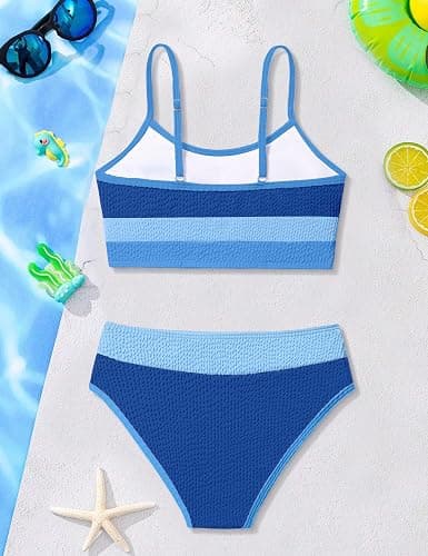 TALLWH Girls Bathing Suit Color-Block Adjustable Straps Bikini Sets Girls Two Piece Swimsuits with Chest Pad Swimwear 7-18T thumbnail 7