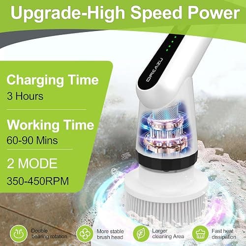 Dreazu Electric Spin Scrubber, Cordless Shower Scrubber for Bathroom | 10‑in‑1 shower cleaner brush with Extendable Handle, 2‑Speed, 44‑lbs High‑Torque for Bathtub, Toilet, Kitchen, Tile Floors thumbnail 5