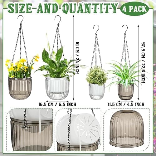 Maxcheck 4 Pcs Self Watering Hanging Planters Indoor Gift 6.5'' 4.5'' Hanging Flower Pots Baskets Outdoor Self Watering Plant with 3hooks Drainage Holes for Home(Grey,Clear) thumbnail 3