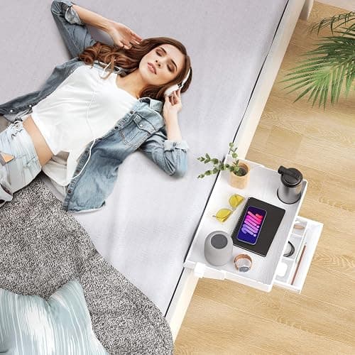 SPACELEAD Bedside Shelf for Bed – College Dorm Room Clip On Nightstand with Cup Holder & Cord Holder&Drawer – Bunk Bed Shelf for Organizer Top for Bedroom (White，Plastic) - White - Plus with drawer thumbnail 5
