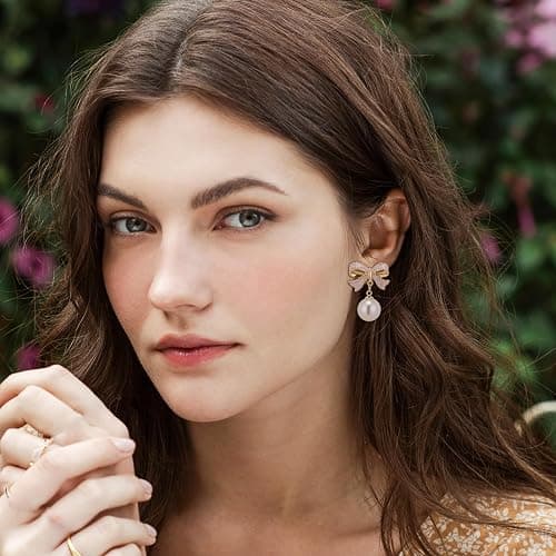 Bow Earrings for Women Trendy Stuff Cute Bow Pearl Drop Dangle Earrings Bowknot Stud Prom Wedding Party Daily Jewelry Accessory Gifts Pink Dress for Women thumbnail 3