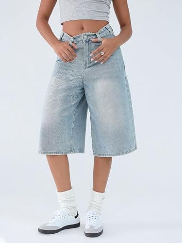 EMMIOL Machine Wash Y2K Jorts Women Wide Leg Baggy Long Jean Shorts Loose Fit Grunge Bermuda Denim Shorts thumbnail 4