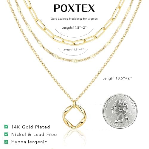Poxtex Layered Gold Necklaces for Women, Christmas Gifts Stackable Dainty 14K Gold Silver Plated Trendy Circle Paperclip Chain Pendant Choker Necklace,Simpl Diamond Cross Bow Jewelry Set Gifts for Women thumbnail 7