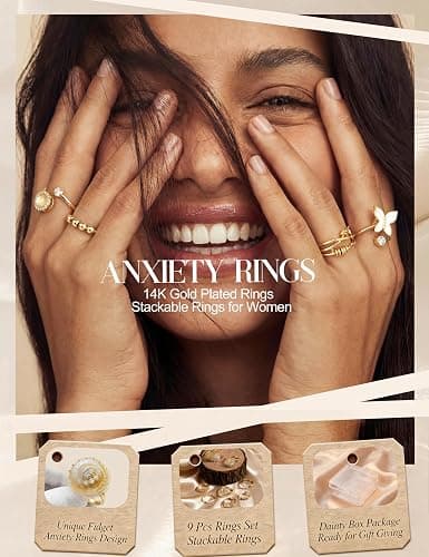 FIBO STEEL Fidget Anxiety Rings for Women - 8Pcs 14K Gold Plated Spinner Adjustable Rings Stress Relief Open Ring Stacks CZ Sun flower Butterfly Bead Evil Eye Non Tarnish Ring Set thumbnail 2