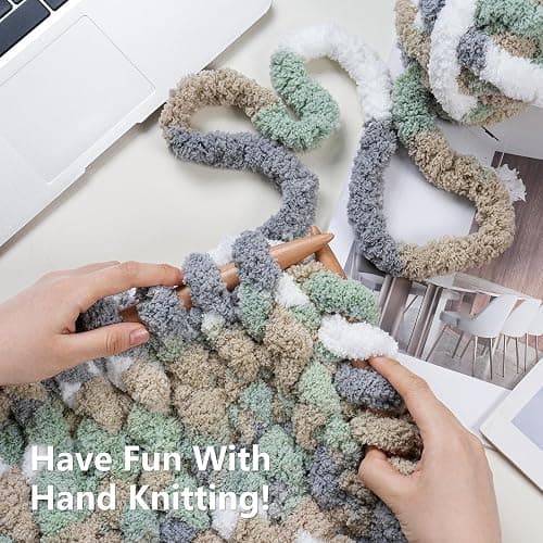 Cozyful Chunky Yarn for Hand Knitting - #10 Chunky Chenille Blanket Yarn, Jumbo Big Thick Chunky Yarns for Crocheting, Tie Dye Bulky Knit Yarns, 8 Skein (25 yds 8 oz Each Skein), Cream&Sage&Grey&Khaki thumbnail 6