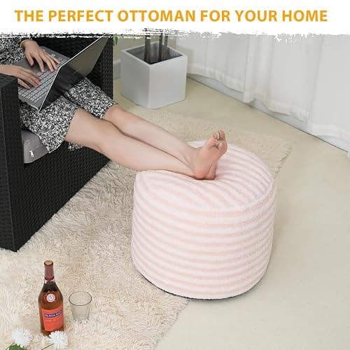 Round Pouf Ottoman Stuffed Foot Rest Stool, Floor Chair Poufs for Living Room Bedroom, Faux Fur Poufs with Foam Chunk Filling, Storage Ottoman Pouf 20 X 15 Inch Boho Poof for Couch, Pink & White thumbnail 7
