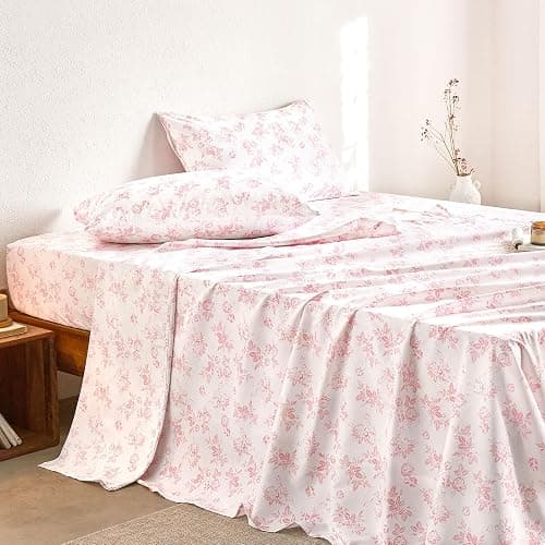 Wake In Cloud - Floral Bed Sheets, 4-Piece Sheet Set, Shabby Chic Botanical Coquette Cottagecore Vintage Flower Pattern Printed Bedding, Deep Pocket, Pink, Queen Size thumbnail 3