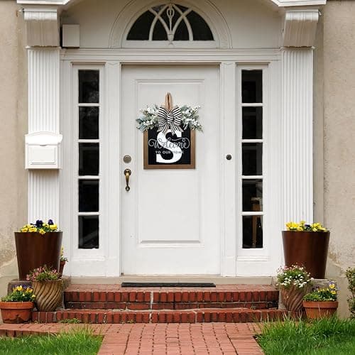 Ultra Large 14'' Last Name All Year Round Front Door Wreath with 26 Initial Letter Welcome Sign All Seasons Eucalyptus Garland and Bow Wreaths for Front Door Porch Farmhouse Decoration (S) thumbnail 4