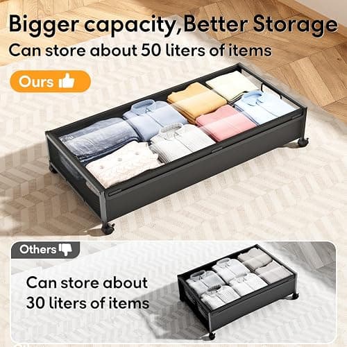 Under Bed Storage Containers with Wheels 2 Pack Underbed Shoe Storage Bedroom Storage Bins Organizer Large Capacity Under Bed Storage with Lid for Clothes Shoes Toys Blankets (Black) thumbnail 3