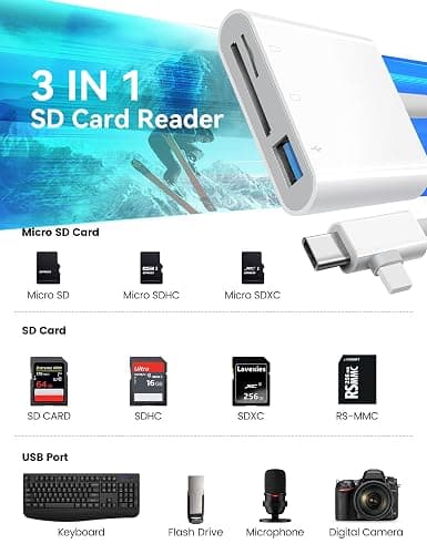 OPxjzws SD Card Reader for iPhone, SD Card Adapter with Lightening & USB C Dual Connectors Plug&Play Supports microSD, SD and USB-A OTG, Portable Trail Camera Memory Reader for iPhone Mac MacBook iPad thumbnail 2