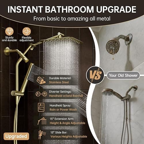Veken All Metal 10" Shower Head with Handheld, Luxurious Square Double Rain Shower Heads with Spray Combo, Dual High Pressure Detachable Rainfall Showerhead with Extension Arm, Long Hose,Brushed Gold thumbnail 5
