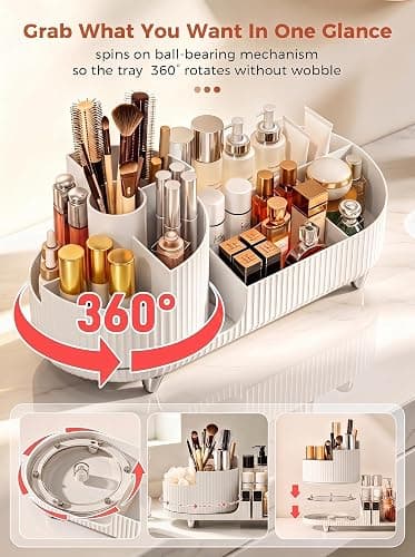 Booklov Rotating Makeup Organizer for Vanity Countertop, White | Plastic Cosmetic Display Case, Large Beauty Brush Holder for Bathroom Counter, Skin Care Perfumes Storage thumbnail 6