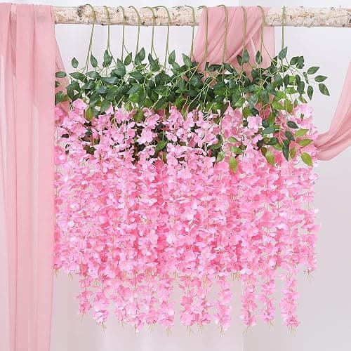 Duovlo 12 Piece Artificial Silk Wisteria Vine 3.6 Feet Ratta Hanging Flower Garland String Home Party Wedding Decor (Light Pink) thumbnail 2