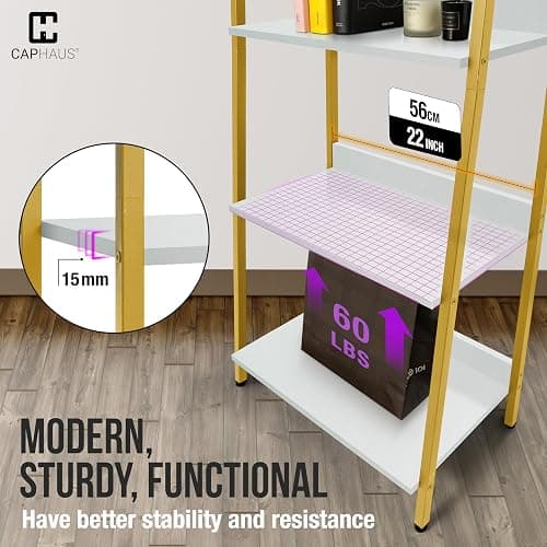 CAPHAUS 5 Tier Ladder Bookshelf, 24 Inch Width Free Standing Shelf, Bookcase Shelf Storage Rack Organizer, Industrial Book Shelves for Home Office, Living Room, Kitchen, White Shelves & Gold Frame thumbnail 6