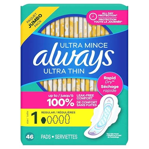 Always Ultra Thin Feminine Pads with Wings for Women, Size 1, Regular Absorbency, Unscented, Up to 100% Leak-Free Protection, 46 Count thumbnail 11