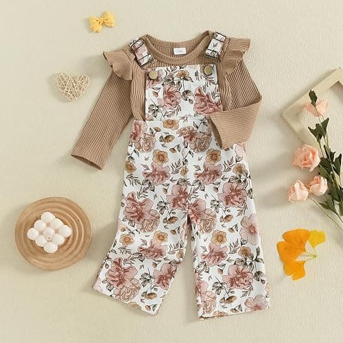 Lucikamy Newborn Baby Girl Fall Outfits Ribbed Long Sleeve Rompers Suspender Overalls Pants Sets Infant 2Pcs Clothes thumbnail 3