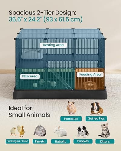 SONGMICS 2-Tier Guinea Pig Cage, Rabbit Cage, Small Animal Playpen with Waterproof Mat, Top and Side Door, 35 Panels, 36.6 x 24.8 x 24.2 Inches, Ink Black ULPI016BH01 thumbnail 3