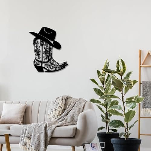 Rajukit Cowgirl Boot Hat Metal Wall Decor for Home | Farmhouse western cowboy boot with hat wall art. Vintage rustic decor for bedroom, bathroom. Size: 11.8 x 10.2 inches. Black. thumbnail 6