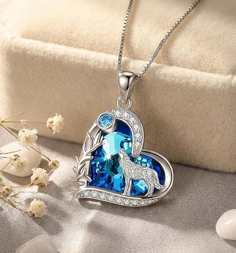 Howling Wolf Necklace - Silver Pendant With Blue Ocean Heart Stone Charm - Birthday Gift for Her, Women's Jewelry for Wolf Lovers | Birthday Gift for Her, Blue Ocean, Jewelry, Charm thumbnail 3