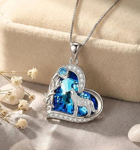 Howling Wolf Necklace - Silver Pendant With Blue Ocean Heart Stone Charm - Birthday Gift for Her, Women's Jewelry for Wolf Lovers | Birthday Gift for Her, Blue Ocean, Jewelry, Charm thumbnail 4