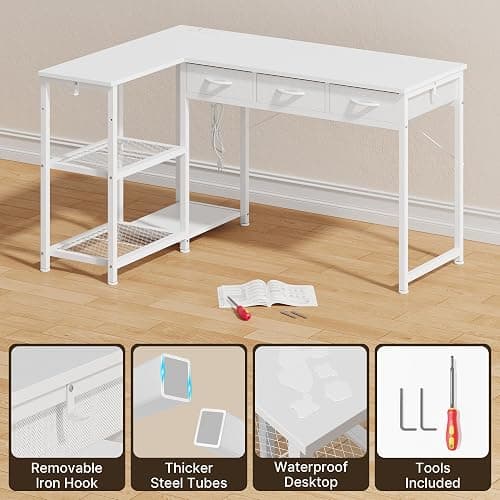 Gizoon 53 Inch White L Shaped Gaming Desk with CPU Stand & Power Outlet - Reversible Corner Desk with Drawers, Storage Shelves and 2 Hooks for Gaming Setup, Home Office, Living Room thumbnail 5