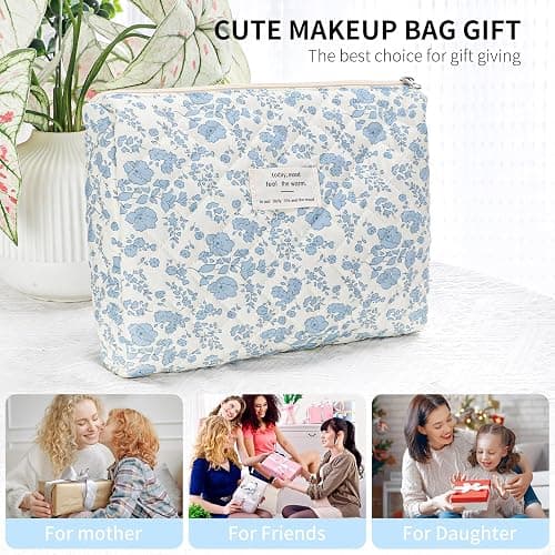 senbowe Floral Makeup Bag, 3 Pack Large Cotton Quilted Makeup Bag Set, Cute Floral Coquette Aesthetic Toiletry Bag Make Up Cosmetic Bag for Women, Toiletry Travel Make Up Organizer Bag thumbnail 8