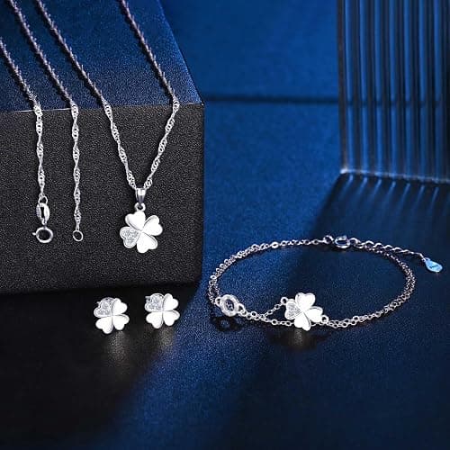 MICMIF 3 Stück Silber 925 Vierblättriges Kleeblatt Schmuck Set für Damen Mädchen: Kleeblatt Ohrstecker + Ketten Armband + Kette Anhänger Kleeblatt - Klee Halskette Armband und Ohrringe Set thumbnail 6