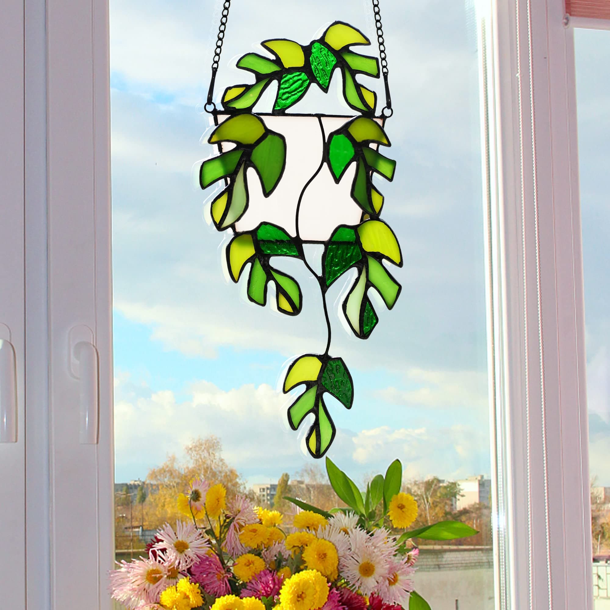 BOXCASA Variegated Monstera Stained Glass Window Hangings,Monstera Suncatcher Leaf Decor Plant Wall Art,Monstera Leaf Ornaments Gift for Mom - Monstera Leaf a thumbnail 4
