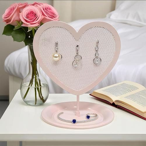 Parlor Boudoir Heart Shaped Jewelry Organizer Stand Pink Metal Earring Holder for Girls with Tray Storage for Rings & Bracelets Cute Vanity Jewelry Display and Room Decor Aesthetic for Teen Girls thumbnail 8
