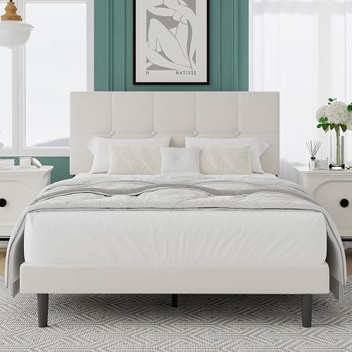 IOILORI Full Size Bed Frame, Full Size Platform Bed Frame with Headboard, Upholstered Headboard, Sturdy Wooden Slats, Noiseless No Box Spring Required, Easy to Assemble, Beige thumbnail 3