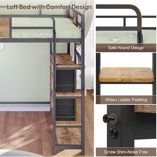 Dnxao Full Size Loft Bed with Desk, Heavy Duty Metal Bed Frame for Teens Adults, 6 Storage Drawers, Power Outlet with Type-C, LED Lights, Integrated Study Workstation for Small Room, Rustic Brown thumbnail 8