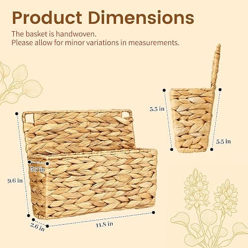 SummitGo 2PCS Woven Mail Holder Wall Mount Basket – Water Hyacinth Magazine Holder Wall Basket, Wicker Mail Organizer Wall Mount for Office, Books, Files, Letters & Entryway Decor, Hooks Included thumbnail 2