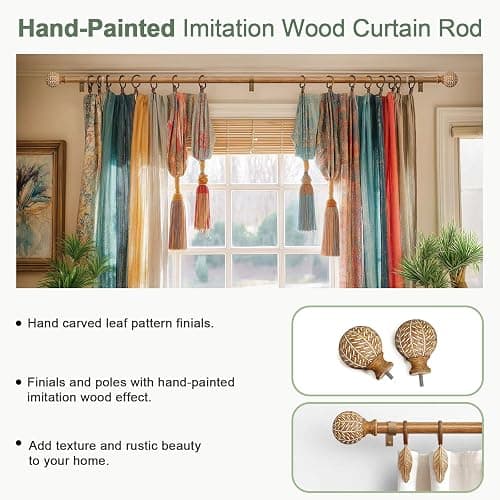 QDWIS Wood Curtain Rods for Windows 48 to 84 Inch,1'' Diameter Drapery Rods with Imitation Wood Grain Leaf Pattern Finials,Boho Adjustable Heavy Duty Curtain Rods Set,36-88'',Color:Natural Wood thumbnail 6