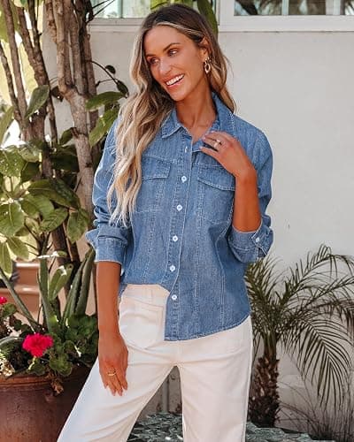 GRAPENT Denim Button Down Shirts for Women Long Sleeve Western Casual Lightweight Collared Pocket Jean Shirt Shacket Top thumbnail 3